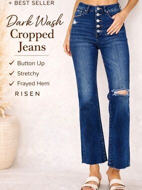 NWT Risen High Rise Button Fly Cropped Flare Jeans Stretchy Dark Wash Raw Hem